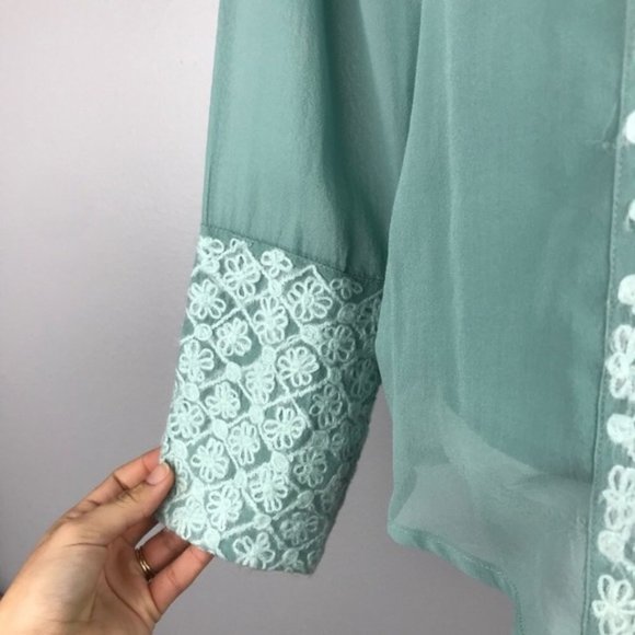 Sundance Teal Raw Silk Sheer Embroidered Top - Picture 5 of 7